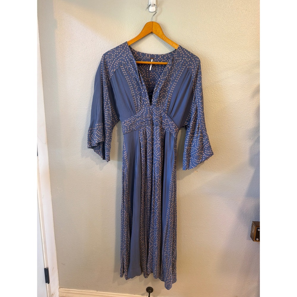 Free People Midi Dress Women Blue Geometric Boho V Neck Kimono Sleeve Pockets
